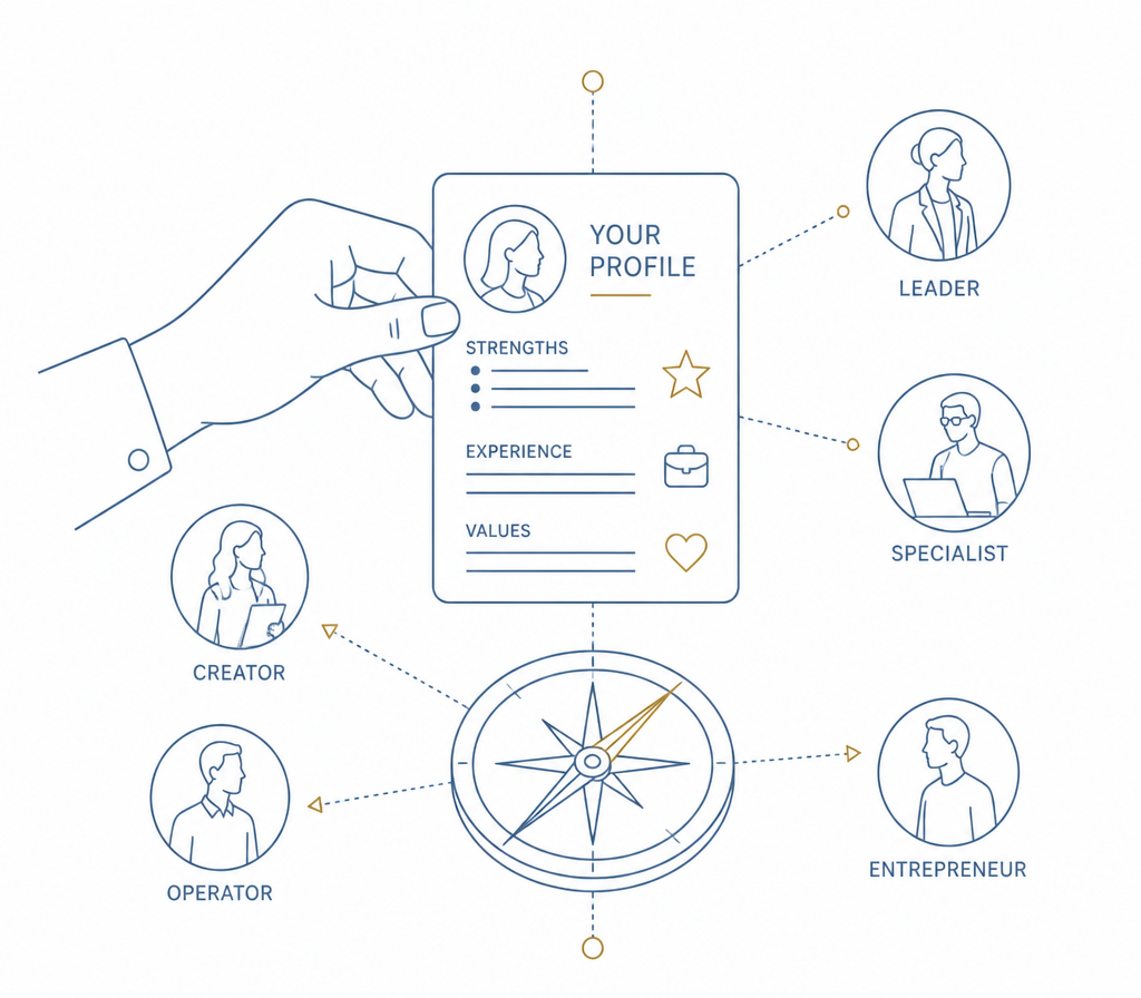 Line illustration of a profile card aligned with a compass and role outlines