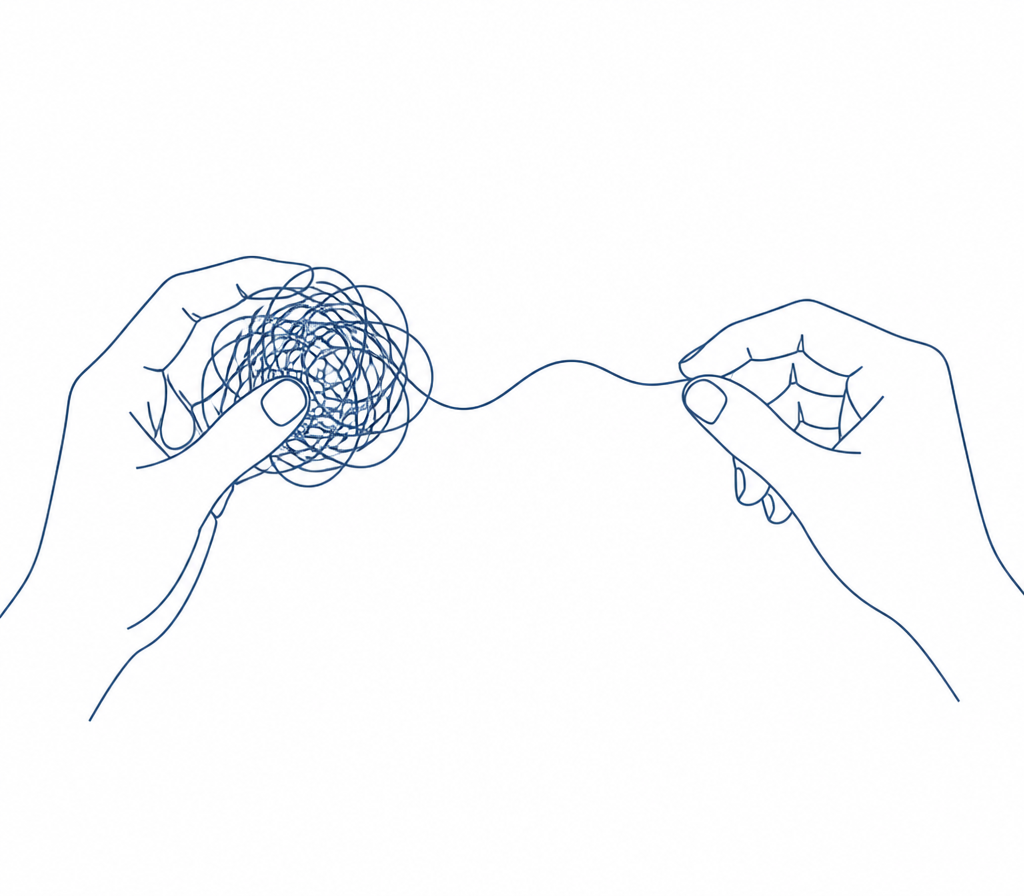 Line illustration of hands untangling a chaotic thread into a single smooth line