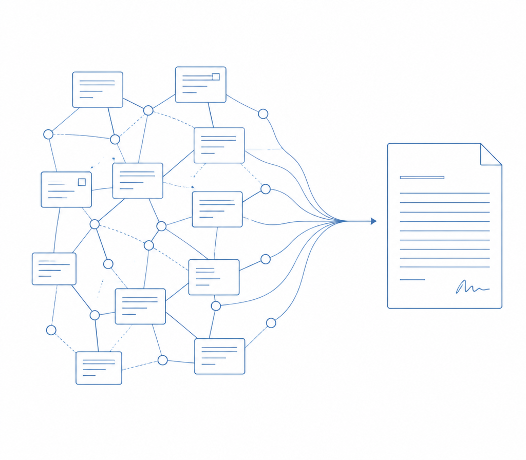 Line illustration of a knowledge graph of index cards flowing into a drafted document