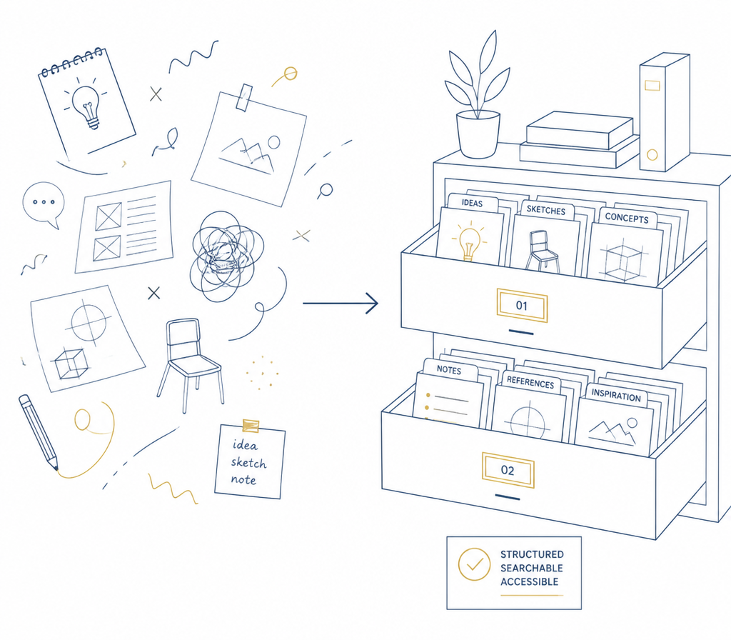 Line illustration of creative sketches being filed into structured repository drawers